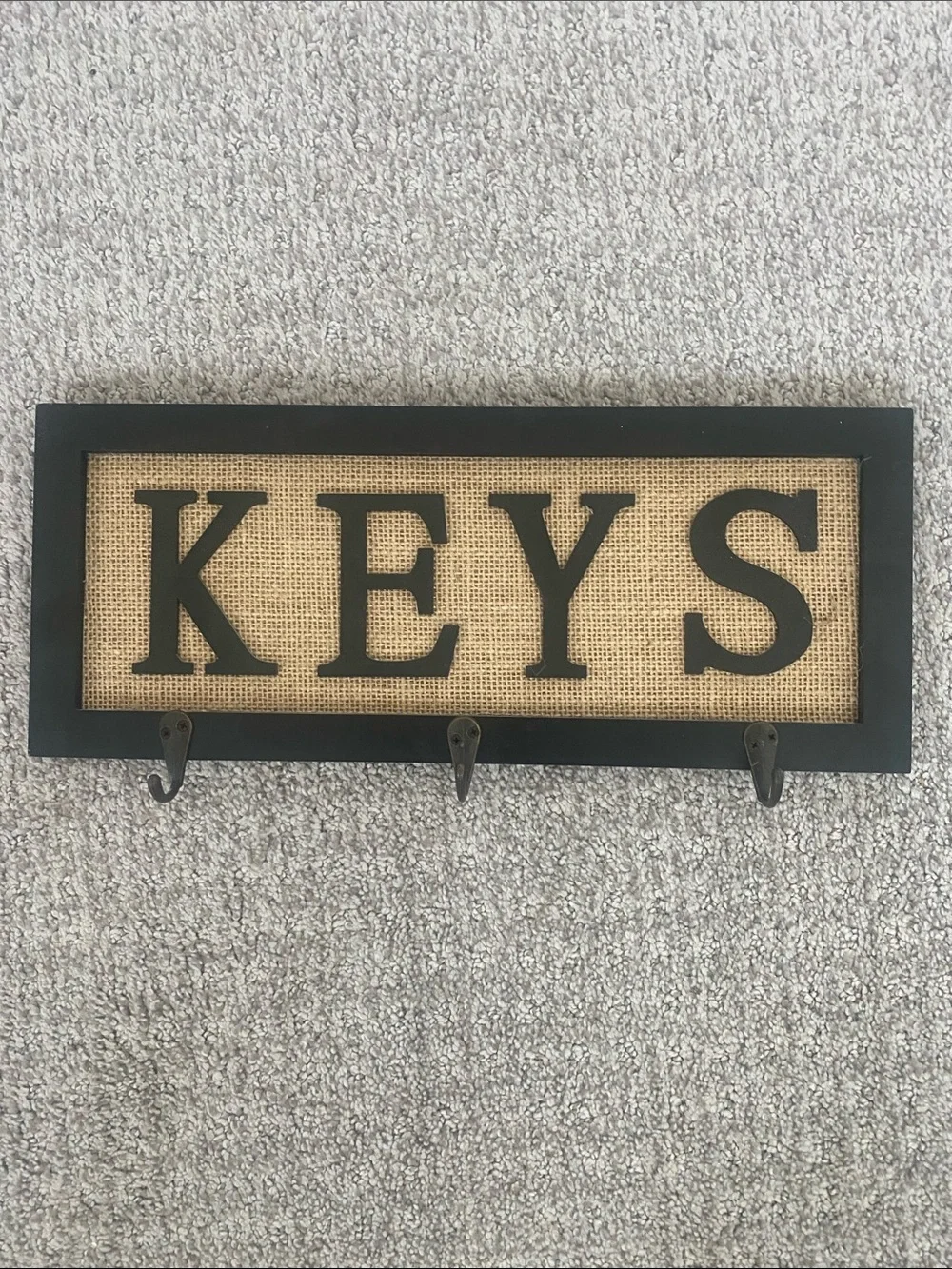 KEYS Wall Hook Rack in Black and Burlap Modern Farmhouse Rustic Vibe 14” by 6”